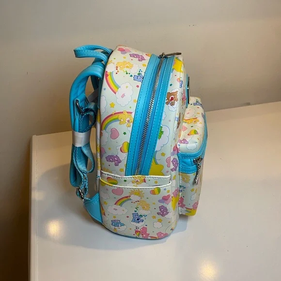 Loungefly Care Bears Mini Backpack NWT 40th Anniversary Blue Zip Rainbow Bag - Picture 5 of 11